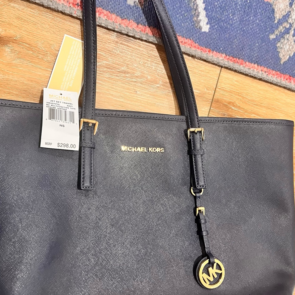 NWT. Michael Kors Navy Structured Tote Bag with Metal Hardware